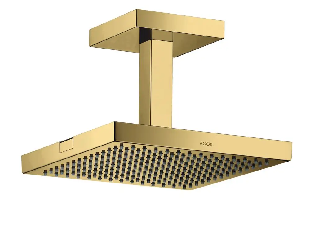 Deckenmontierte Kopfbrause in hochglänzendem Gold mit einem einzigen Wasserstrahl. Markierung "AXOR" auf der Vorderseite.
